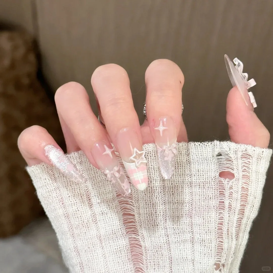 

10 шт., длинные овальные ногти ручной работы, розовые блестящие кошачьи глаза, 3D звезда, бант, дизайн, накладные ногти, носимые накладные ногти для девочек