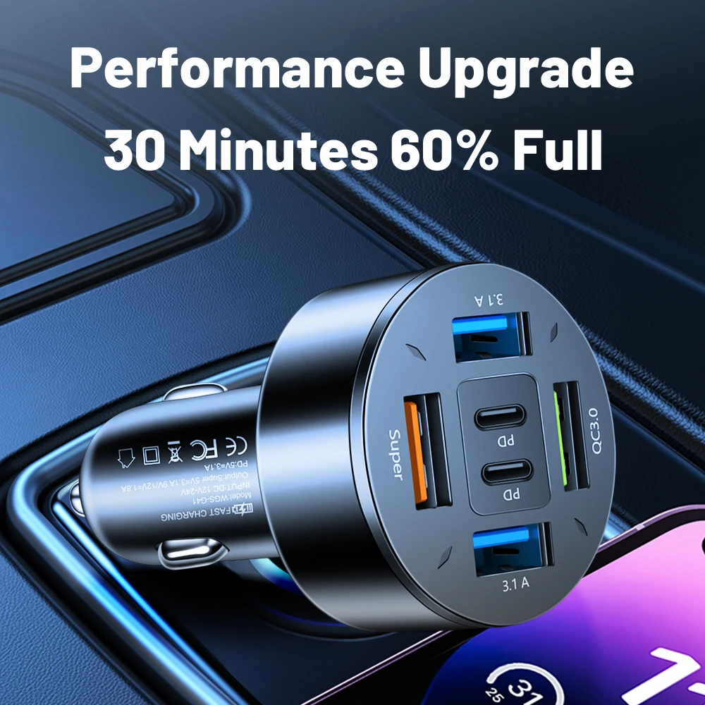 66W Dual PD 6-port Universal Super Fast Charging Conversion Plug Multi-function Mobile Phone Car Charger 4USB Car Charger