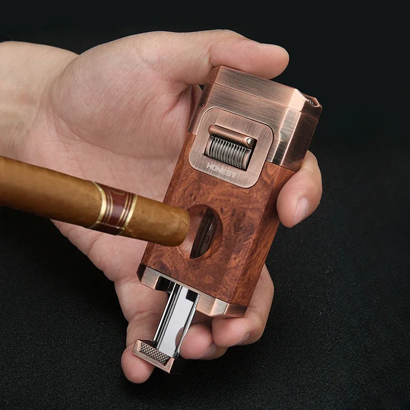 2024 Unique Cigar Lighter With V Cutter Cigar Holder Double Jet Flame Butane Refillable Torch Lighter Luxury Cigar Accessories