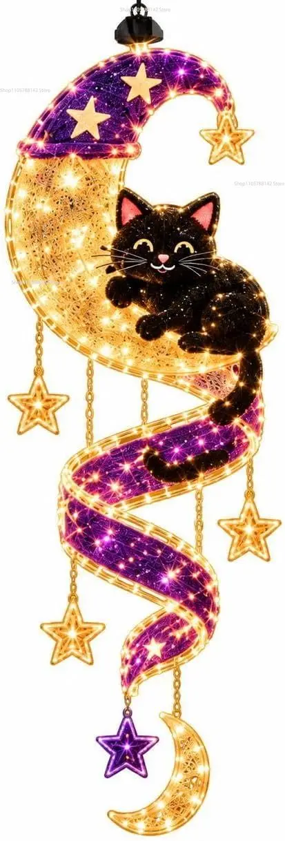 Hanging Christmas Spiral Light Collection,Halloween Kitten Light-Up Glowing Door Hanger Holiday Home Exterior Decoration
