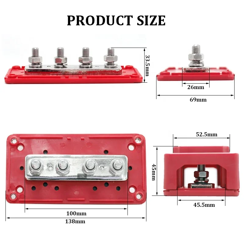 300A 12V DC Marine Insulated Junction Post 4* M8 Power Distribution Bus Bar Box Terminal Block For Automotive