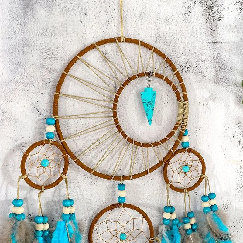 Bohemian Moon Shape Dreamcatcher Hand‑Woven Multi‑Circles Wall Hanging Ornament Turquoise Beads Natural Feather Wall Decor Gift.