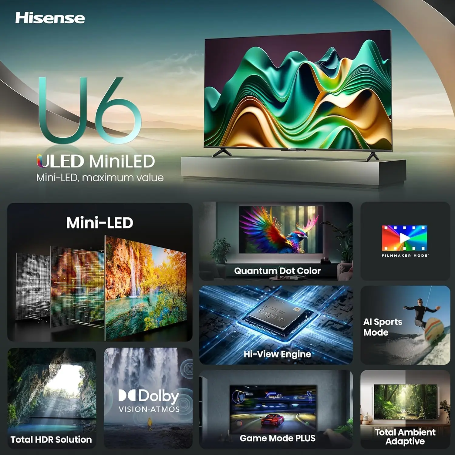 تلفزيون Google الذكي من سلسلة U6 مقاس 55 بوصة Mini-LED ULED 4K UHD (55U6N، موديل 2024) - QLED، معدل الحركة 240، HDR 10+، مجموعة كاملة Lo