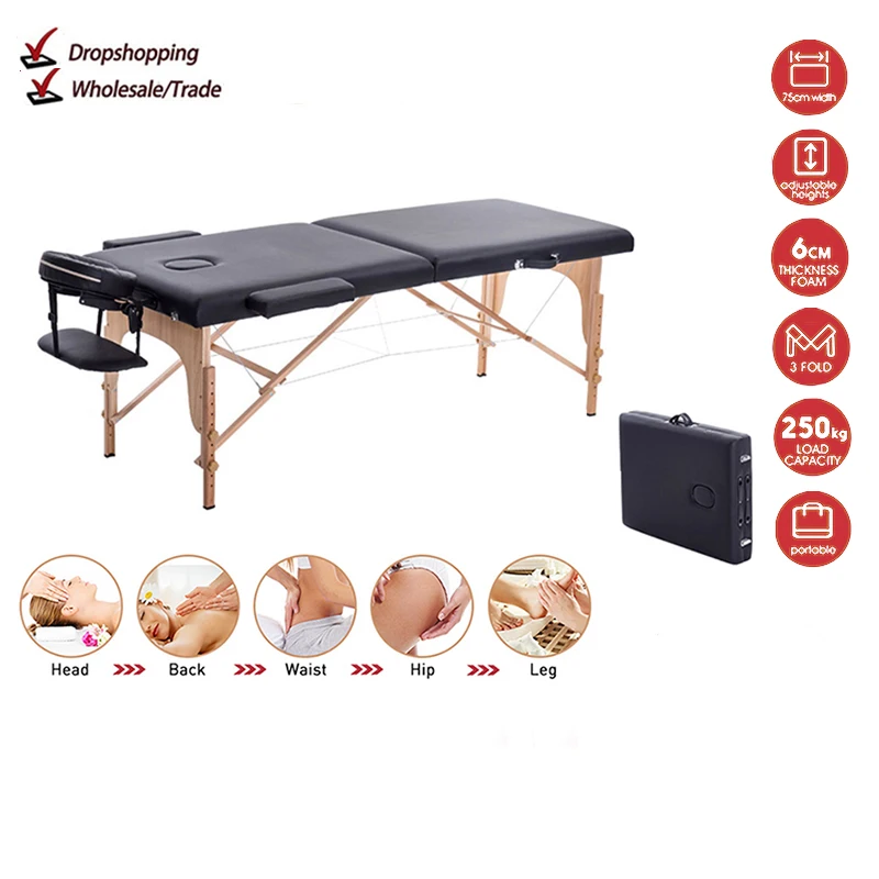 Massage Table Portable 2 Section Folding Couch Bed Lightweight Beauty Salon Tattoo Therapy Wooden Frame  70 cm width -Black