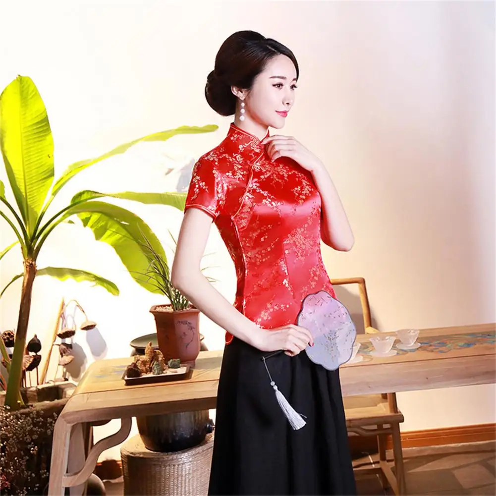 Women Cheongsam Shirt Chinese Style Plum Print Exquisite Buckles Stand Collar Cheongsam Top For Wedding