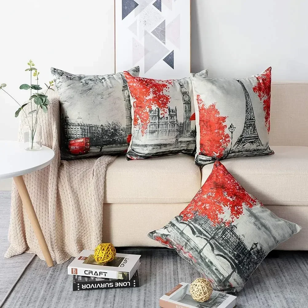 Paris Oil Painting Cushion Cover, Linen Decor Pillowcase for Living Room Sofa Car Home Decor Cushion Cover 40x40 45x45 50x50