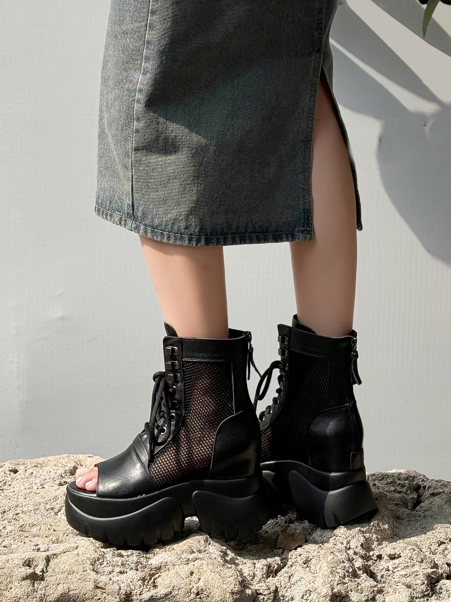 Ultrahigh Heel Fish Mouth Short Boots Breathable Mesh Roman Style Women's Sandals Hollow out Fashionable Vintage Summer Shoes