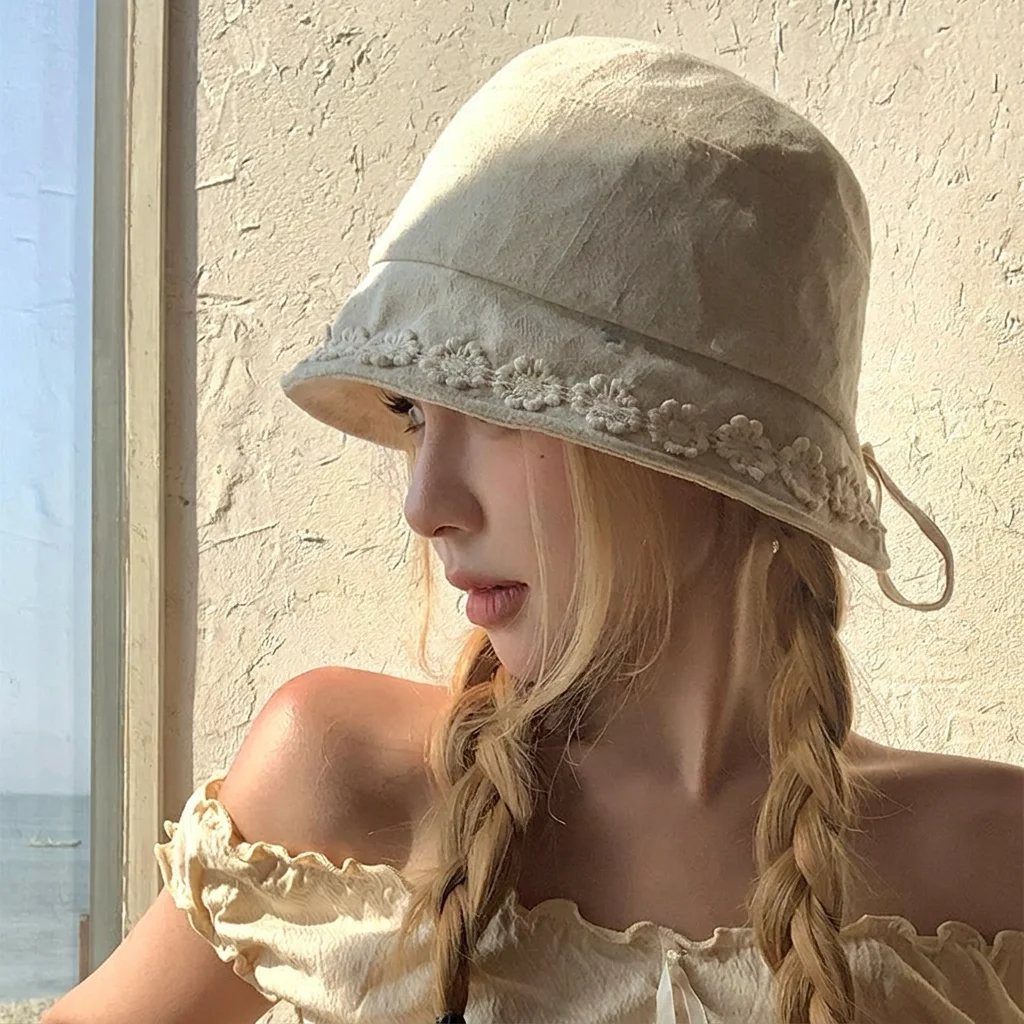 

Cotton Linen Bucket Hat Breathable Floral Embroidered Hat Breathable Sun Hat Sun For Camping Travel Summer Outings