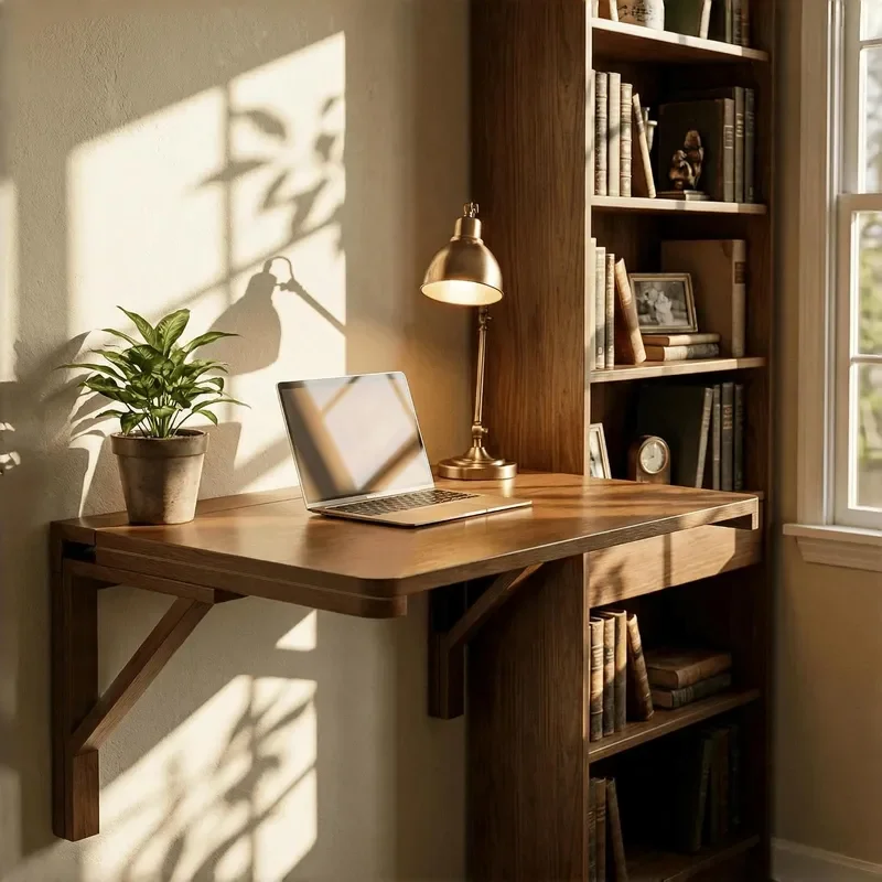 Wall Mounted Desk 32x24 Inch Walnut Finish Solid Wood Desk for Bedroom Office or Laundry Room Folds Down for laptops up for