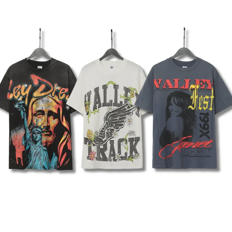 

Vintage VALLEY T-shirts American Statue of Liberty Print Round-neck Retro Loose Short-sleeved Tshirt Men Women