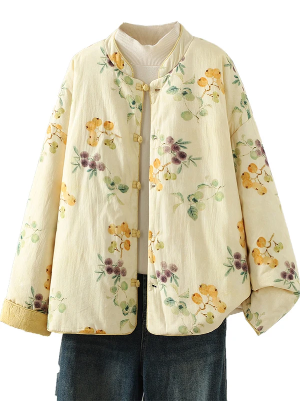 

Thiened Cotton Jaet Women's Retro Print Button up Coat Warm Outerwear New Sle Autumn Winter Floral Pattern Long Sve