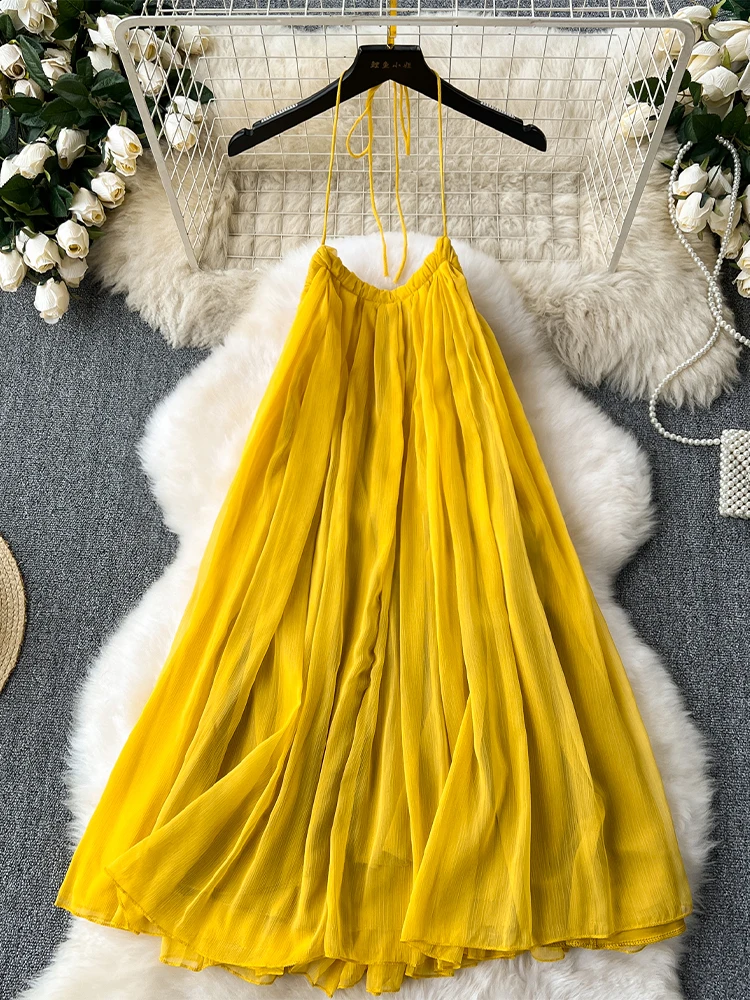 Gelbes A-Linien-Kleid für Damen, Vintage, schulterfrei, ärmellos, Luxuskleider, Y2k, Party, Club, Einteiler, Kleider der 2000er Jahre, Kokette-Kleidung