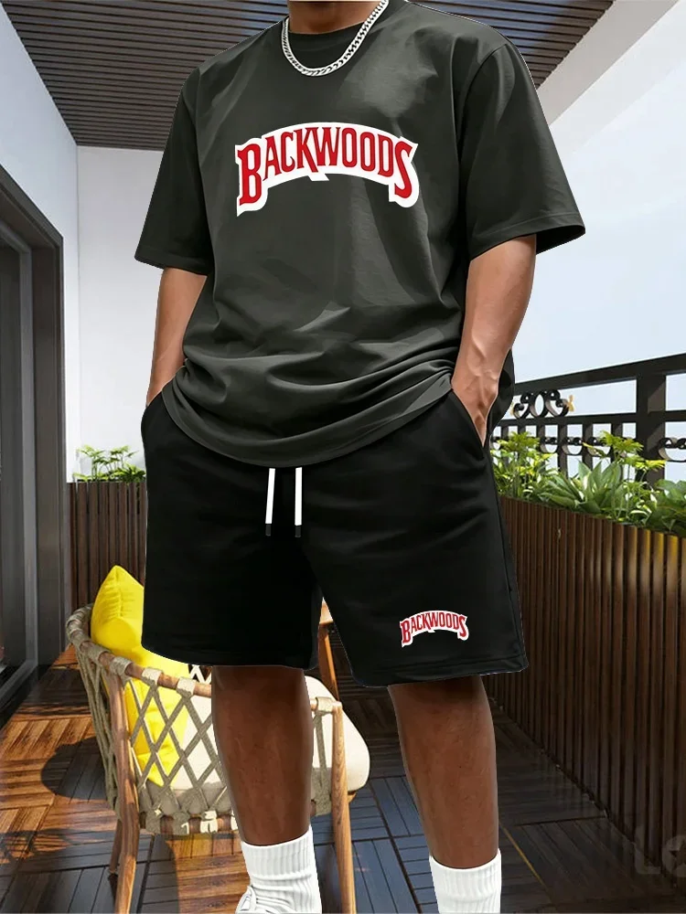 T-shirt Set, Men's Fashion Copy, Red Short Sleeved Set, Black Brand Shorts, Casual Jogging Clothes, Sportswear