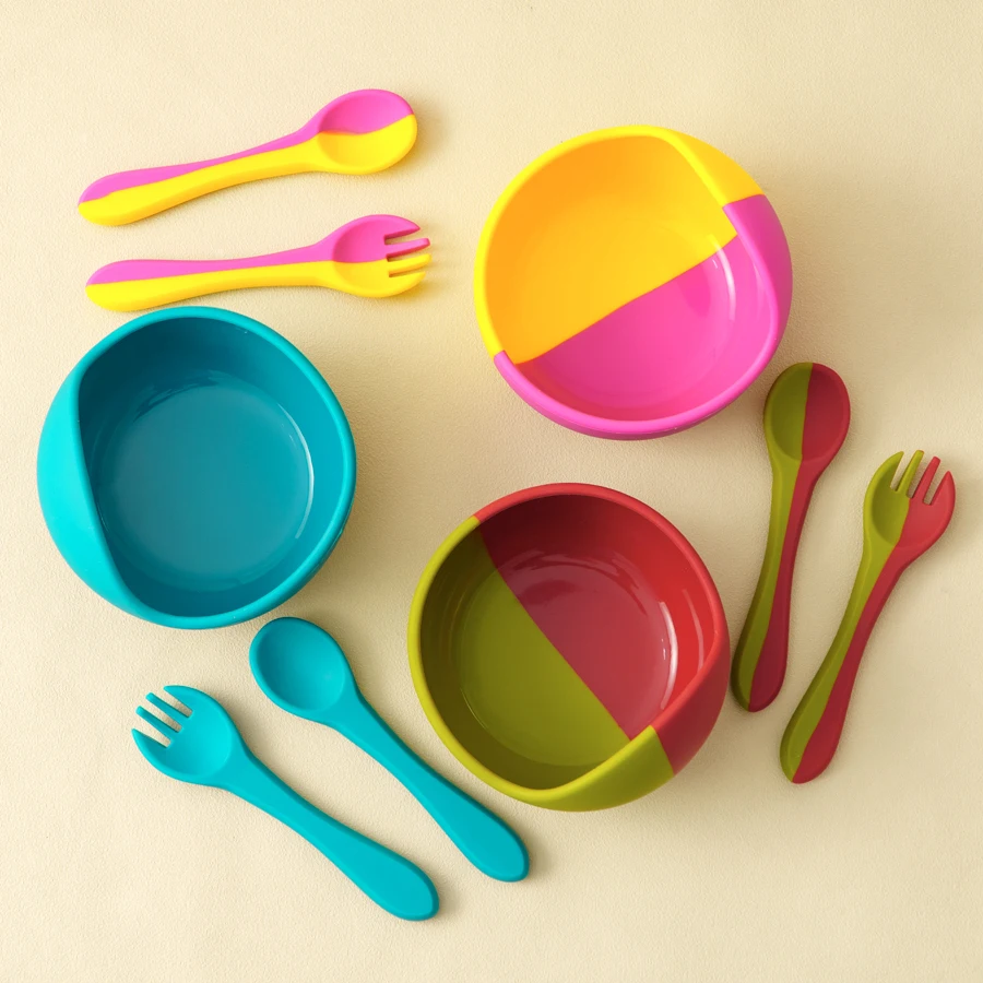 3PCS Silicone Baby Tableware Sets Non-slip Bowl Soft Spoon Fork Color Contrast Baby Feeding Training Dinner Set Baby Stuff