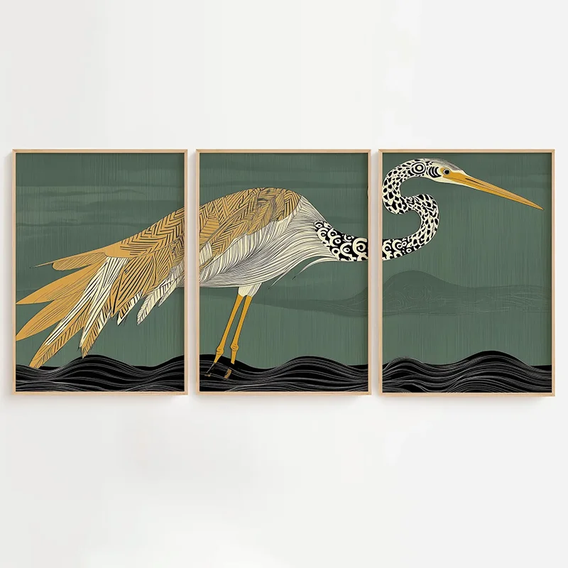 3PCS Retro Green Heron Wave Canvas Print, Japanese Vintage Bird Art For Entryway Living Room Wall Decoration