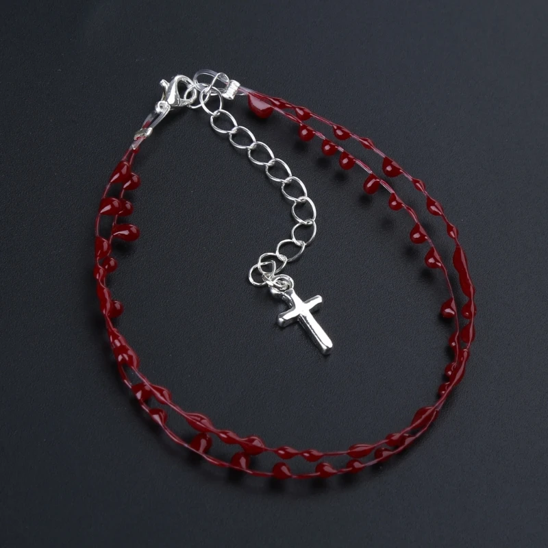 Gothic Punk Cross Pendant Red Blood Drop Bracelet Bangle for Adult Cool Hip Hop Bracelet Statement Jewelry Accessories