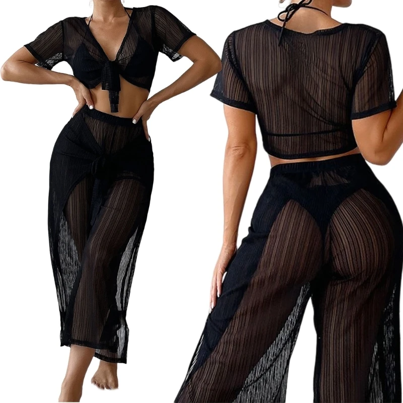 

2024 New Sexy See Through Two Pieces Outfits for Women Sun-Protection Bikinis Cover Up Wide Leg Pants and Short Sleeves Crop Top