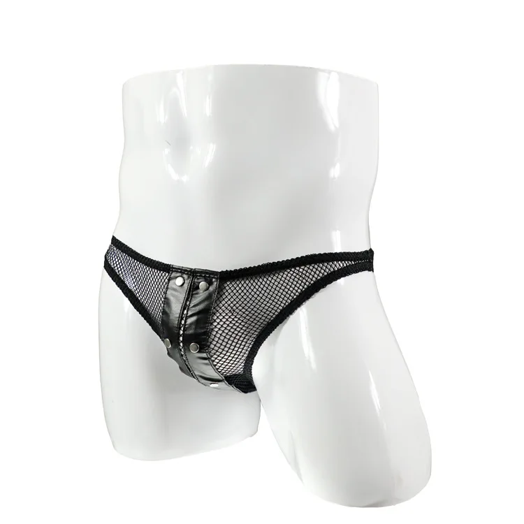 الرجال شبكة شير موجز مثير تقليد الجلود شبكة المرقعة مسمر ملابس داخلية شفافة مثلي الجنس المثيرة منخفضة الارتفاع U محدب الحقيبة Tanga #3