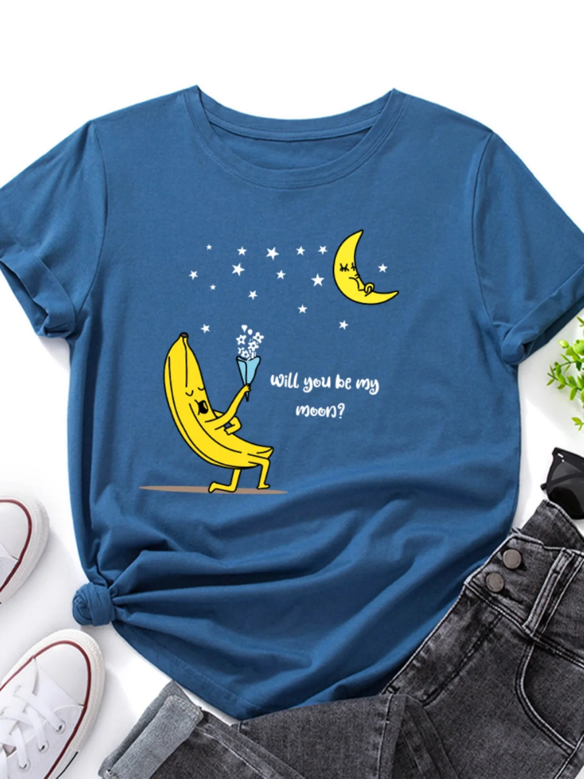 

Свободная футболка из чистого хлопка ort Sve round Ne, женская повседневная футболка с принтом «банан и луна»
