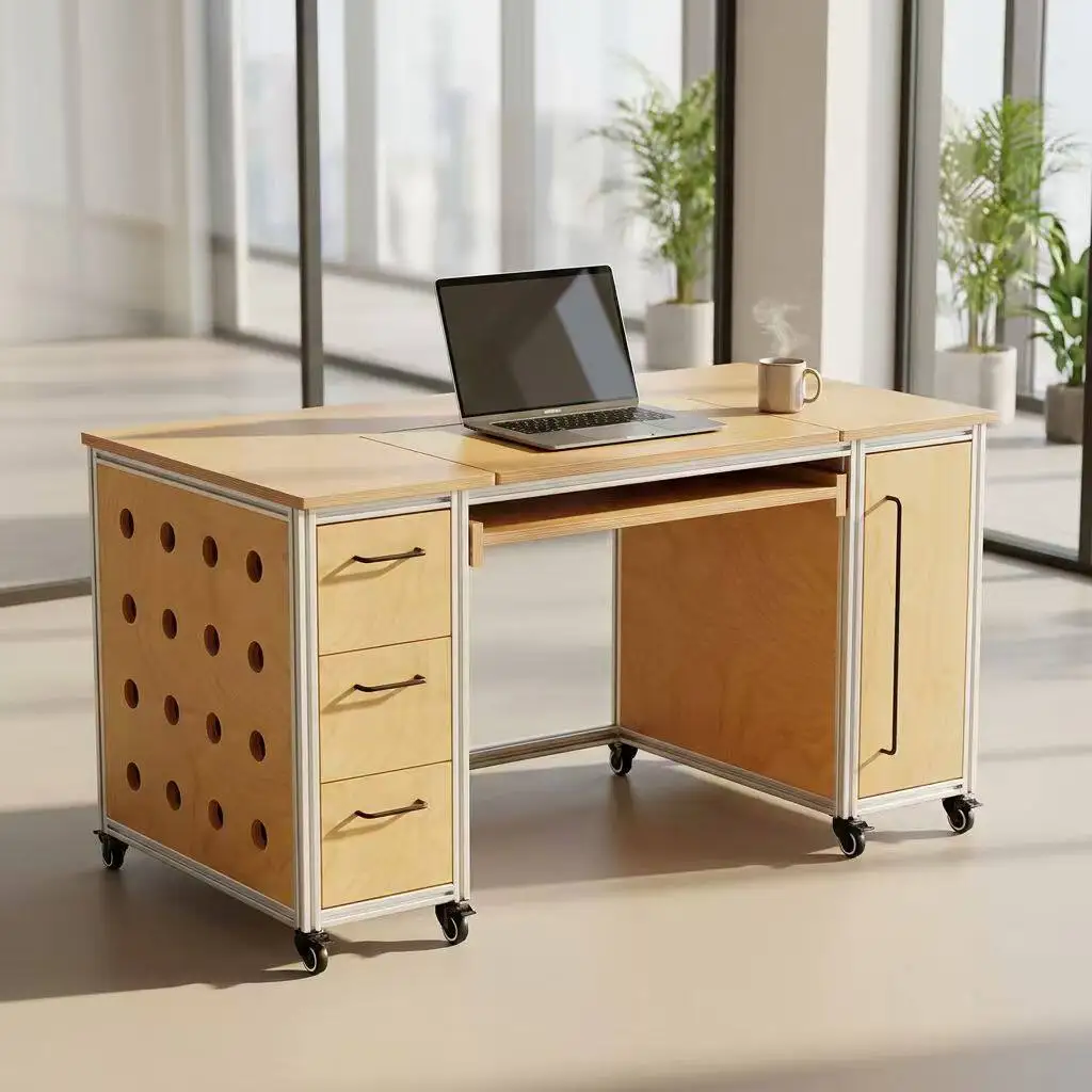 Industrial Modern Minimalist Birch Wood Office Desk with Drawers Mobile Workstation Sturdy Large Capacity