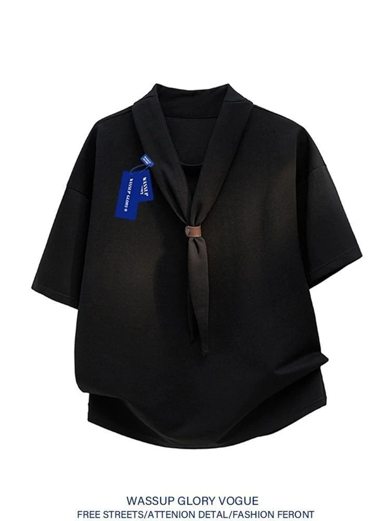 

2026 Summer New Korean Fashion Fake Tie V-Neck T-Shirt Men Stylish Loose Short Sleeve Tee Premium Handsome Streetwear Casual Top