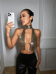 Sexy Leopard Print Party Tank Tops Women 2024 New Metal Sequins Halter Neck Crop Tops Nightclub Music Festival Camisole