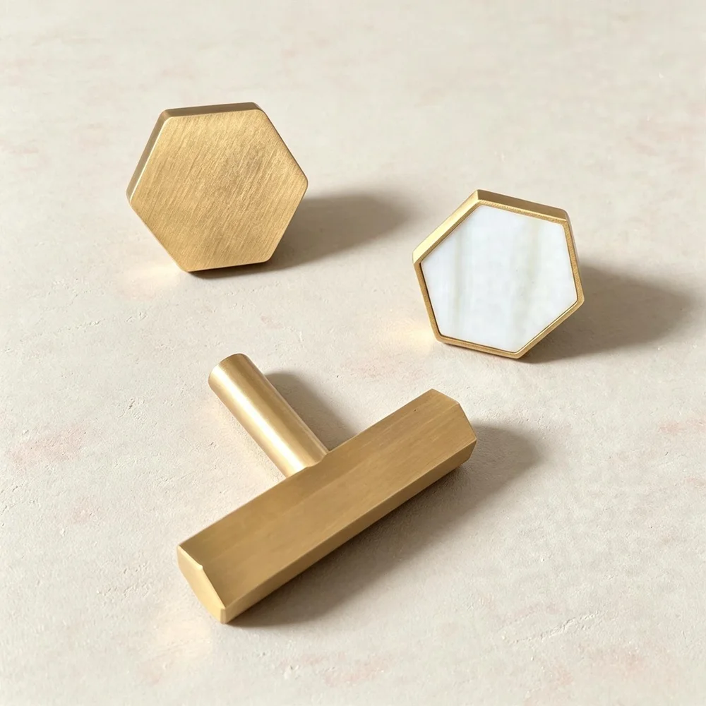 Brushed Brass Hexagon Knobs Gold Color for Kitchen Cabinet Drawer Dresser Cupboard Wardrobe Pulls-1Pack