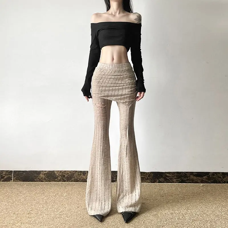 

Slim Old Retro Micro-Pull Pants Women's Sexy Ripped Hollow Trousers Streetwear Party Fake Two Solid Colors