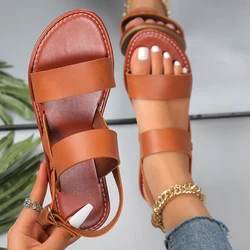 Sandalias planas de cuero con correa cruzada para mujer, zapatos de estilo romano de alta calidad, con hebilla, para verano, 2023