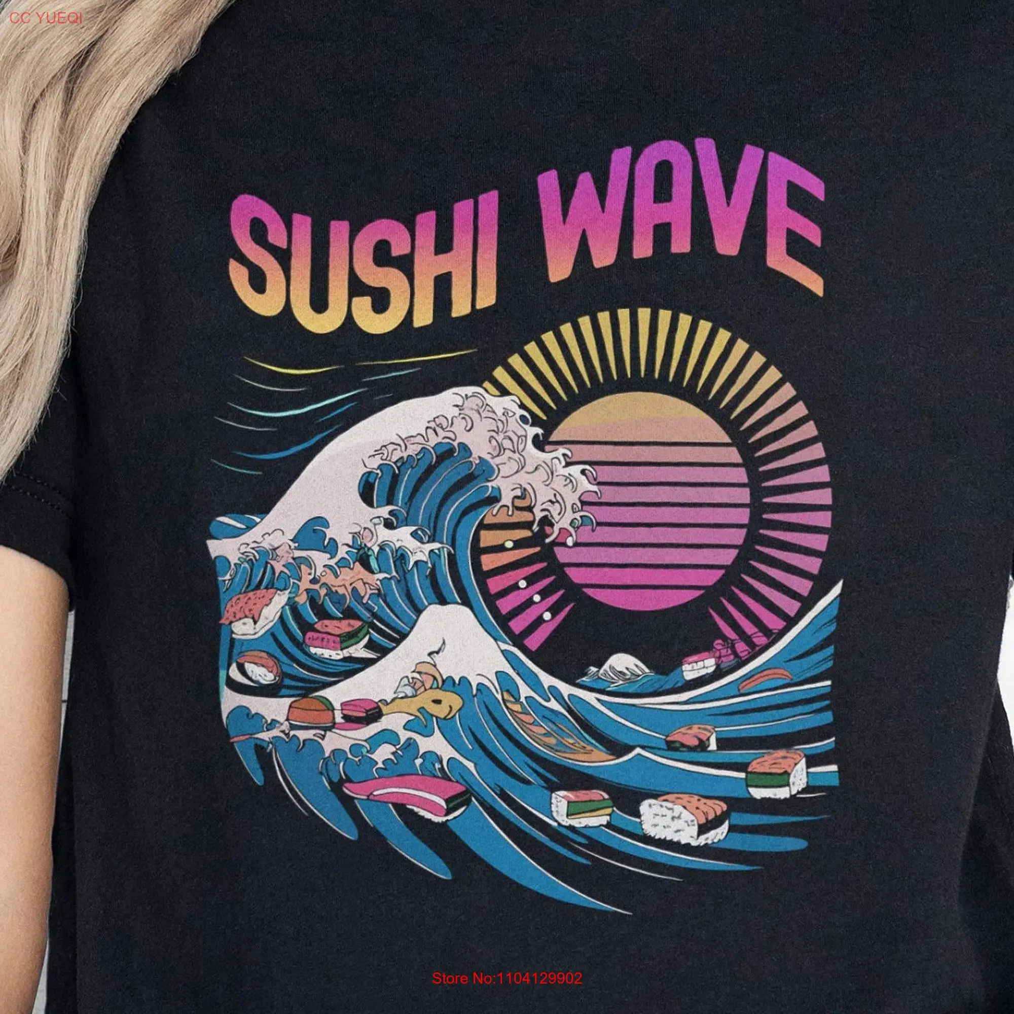 Retro Sushi Wave T Shirt Vintage Japanese Style Casual Sunset Design Unique Artwork Top Idea long or short sleeves