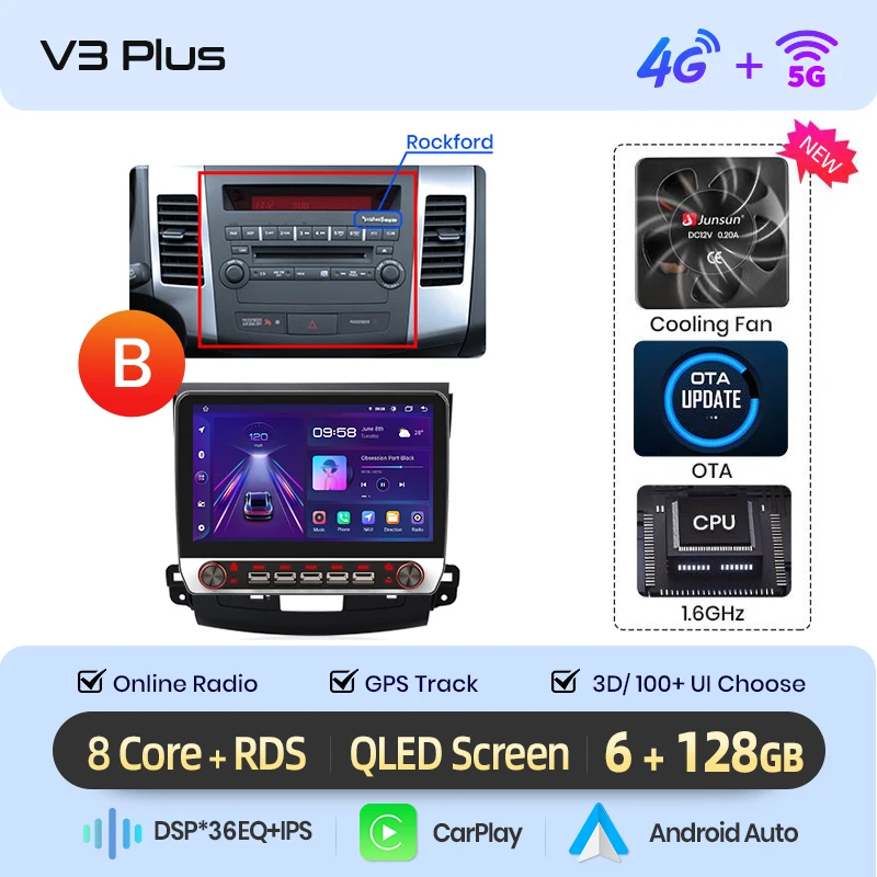 Junsun 13.1″ QLED Draadloze CarPlay Android Auto Autoradio Voor Mitsubishi Outlander 2 Citroen C-Crosser 2005-2011 DSP SWC RDS GPS
