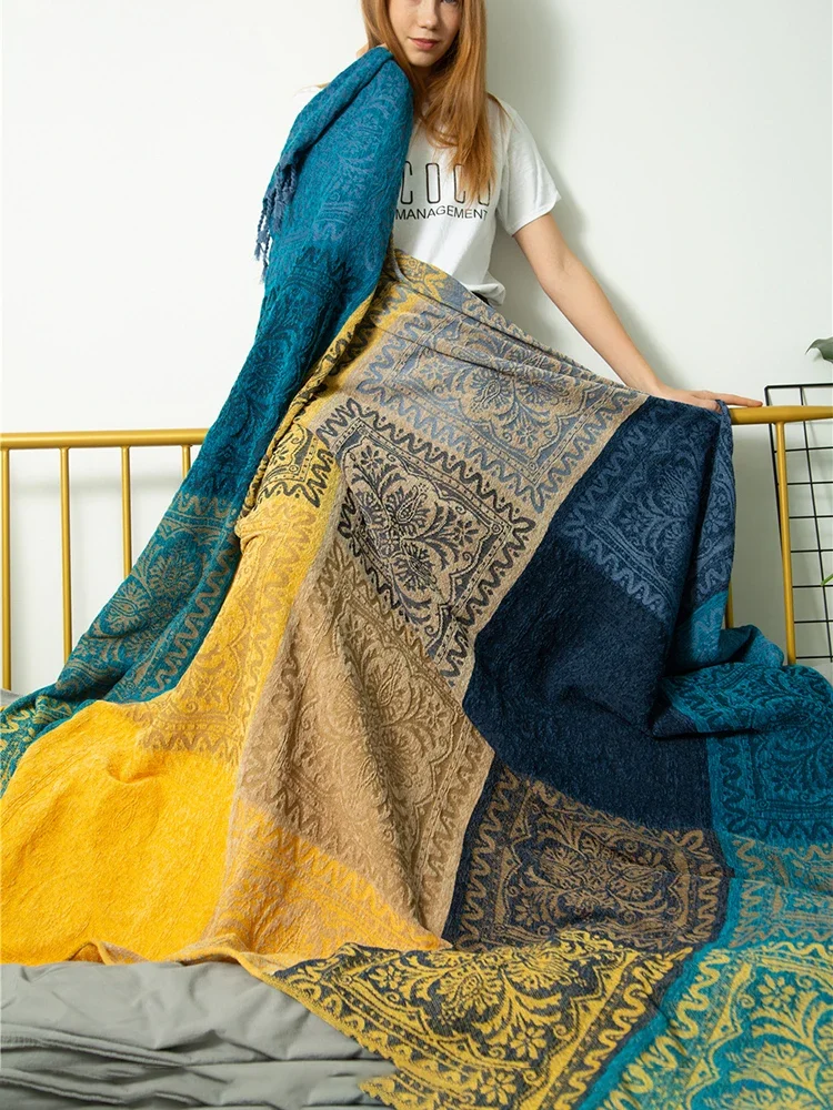 Blankets Mediterranean American Chenille Sofa Cushion Colorful Bohemian Chenille Plaids Sofa Large Cobertor Blanket With Tassel