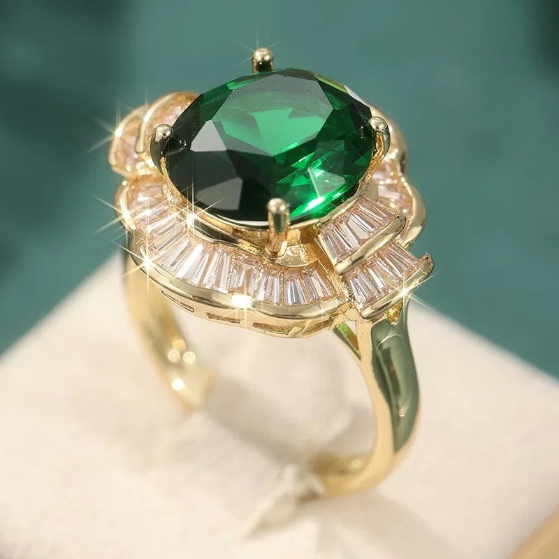 Ästhetischer, mit grün-weißem CZ-Stein besetzter Damenring, wunderschöne goldfarbene Geometrie, für den täglichen Gebrauch, Partyschmuck, Jubiläumsgeschenk – Detail 2