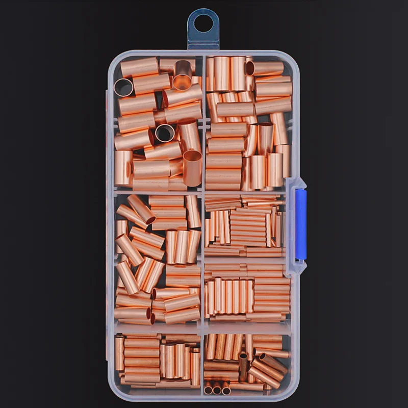 250 Pcs Copper connecting pipe wire joint 7 Sizes small copper tube intermediate joint direct connection pressure cold pressed