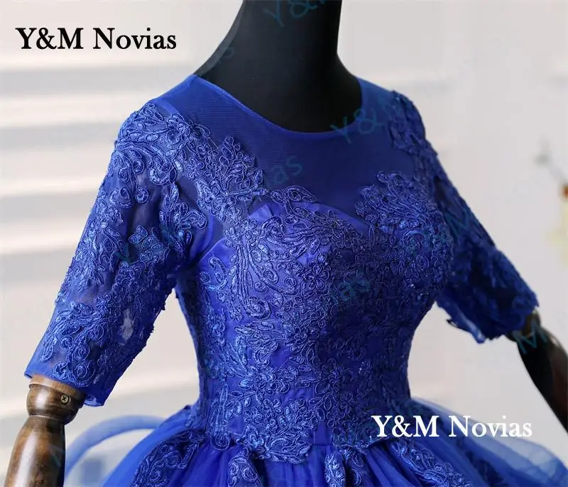 Y&M Novias New Fashion Plus Size Blue Wedding Dresses Half Sleeve Sweet and ruffles in a few rows Bridal Gowns White Ivory Lace