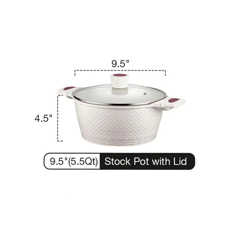 Non-Stick Soup Pot with Lid，5.5Quart White Granite Cooking Pot，Equipped with phenolic handle，Compatible Induction Cooker