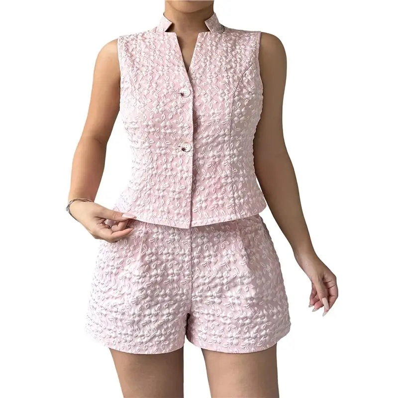 

CYL-Women's Elegant Solid Color Jacquard Sleeveless Vest And Shorts Two Piece Set Summer Casual