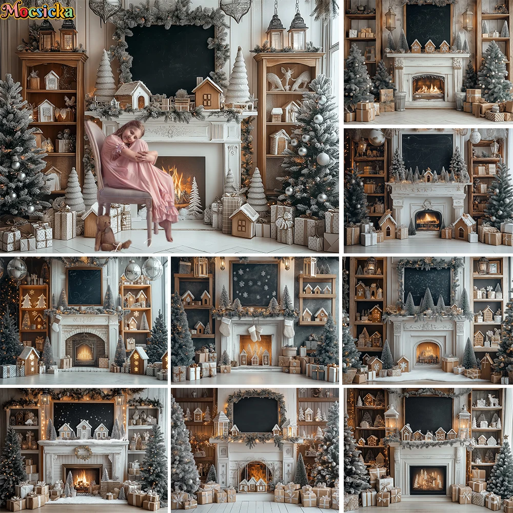 

White Christmas Fireplace Background Photography Toys Wooden House Xmas Tree Chalkboard Lantern Backdrop Kid Family Winter Photo