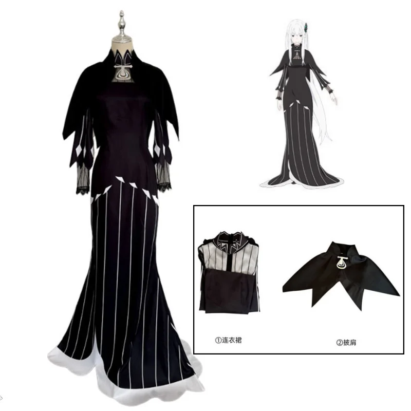 Echidna Cosplay Costume Black Long Sleeve Maxi Gown Cross Neck Re:Life in A Different World From Zero Women Gothic Nun Cos Dress view 6