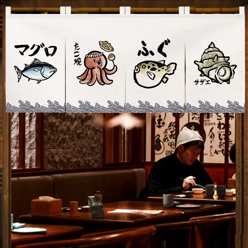 VIKAMA Tuna Octopus Pufferfish Conch Noren Curtain Japanese Style Short Door Curtain Ramen Shop Partition Banner Home Decor