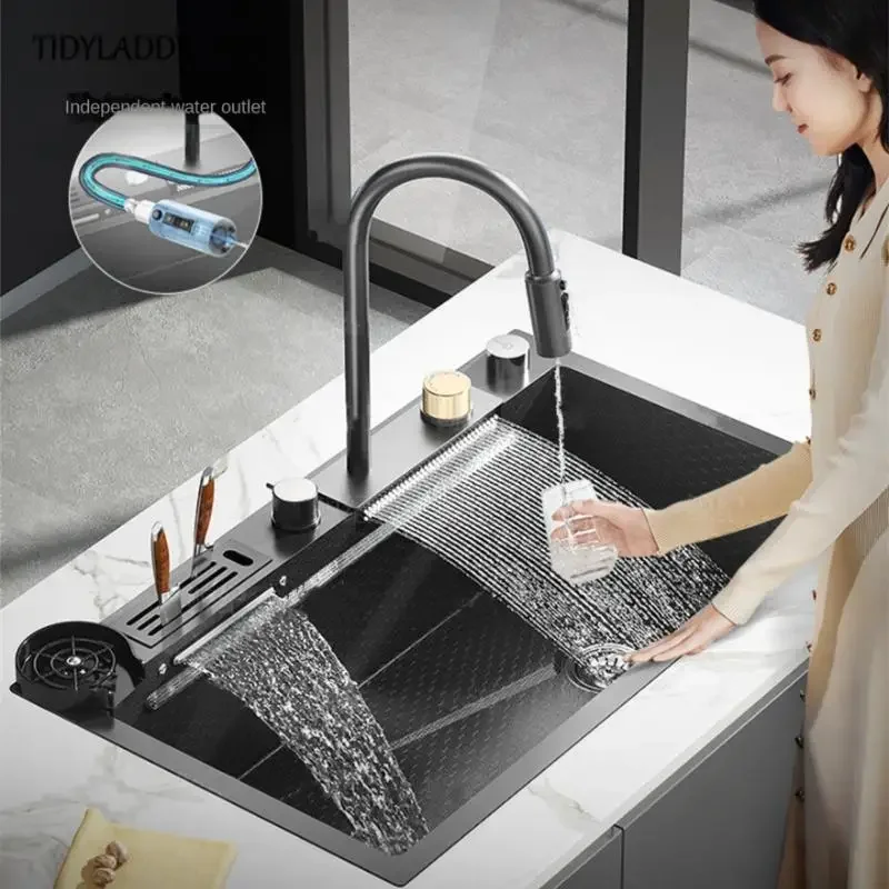 New Stainless Steel Double Waterfall Kitchen Sink Embossed Honeycomb Large Single Slot Waterfall Faucet Kitchen Accessories