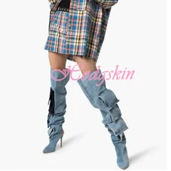 Kieszeń dżinsowa seksowne szpilki buty szpiczasty nosek nad kolanem kobiety Runway buty Patchwork Slip On Winter Party Dress długie buty