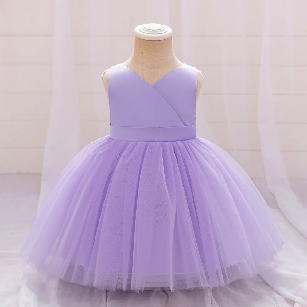 Bow Baby Girls Wedding Dress Tulle Toddler 1st Birthday Party Gown V-neck Infant Baby Princess Dresses For Girl Summer Clothes