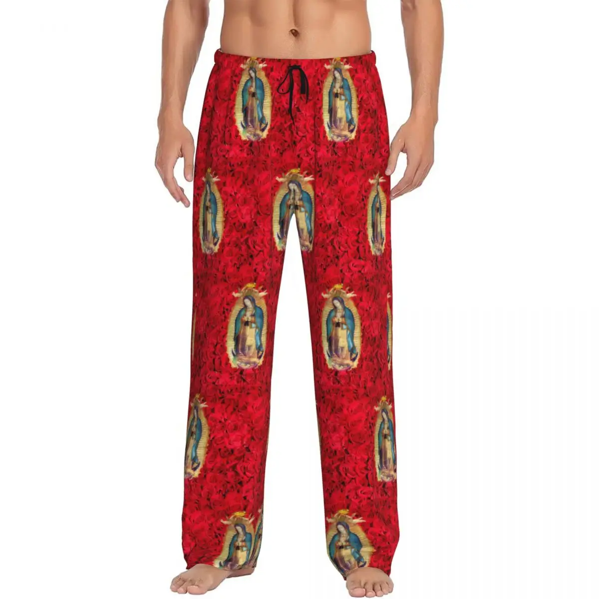 Custom Guadalupe Virgin Mary With Flowers Pajama Pants for Men Catholic Sleepwear Lounge Sleep Bottoms Stretch with Pockets