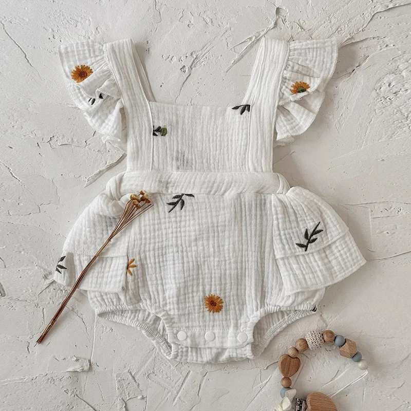 2026 Summer Princess Style 1-18M Infants Bodysuit Daisy Embroidery Toddler Rompers Daily Korean Baby Girl Clothes 