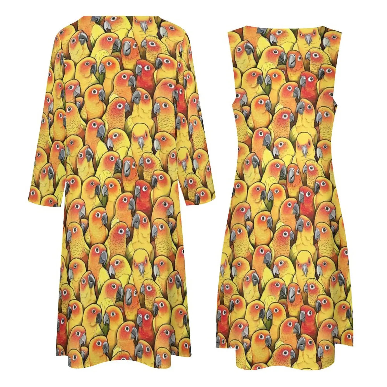 Yellow Parrot Dress Summer Sun Conures Print Aesthetic Boho Beach Long Dresses Women Custom Cute Maxi Dress Large Size