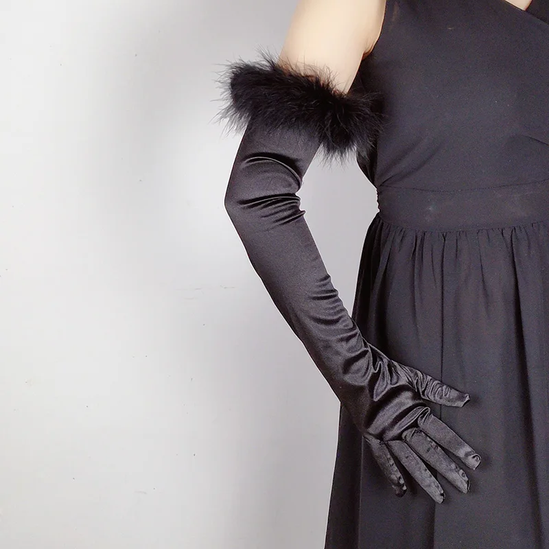 Women Cuff Feather Satin Spandex Elastic Long Full Finger Wedding Etiquette Dress Glove Makeup Party Perform Dance Mitten E43
