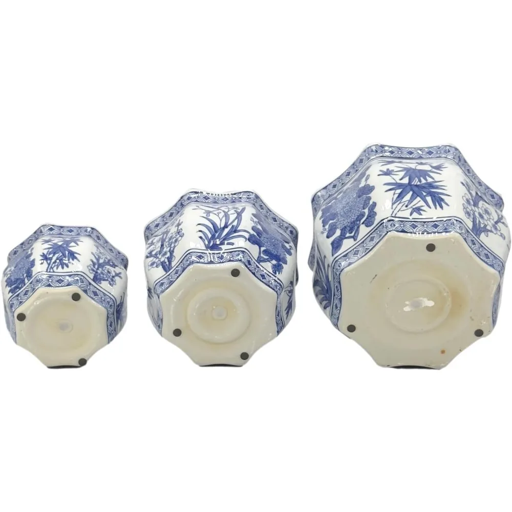 Galt International Blue & White รอบร่องดอกไม้ปาล์มโลตัสพอร์ซเลนเซรามิคพืชกระถางต้นไม้ชุด 3 (7.5", 10", 1