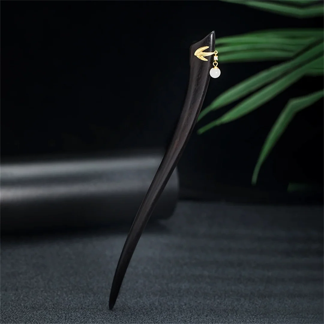 

S925 Sterling Silver Women's Hairpin Ebony Wood Bamboo Leaf Hotan Jade Blossom Chinese style Hanfu Accessories Jewelry Wholesale