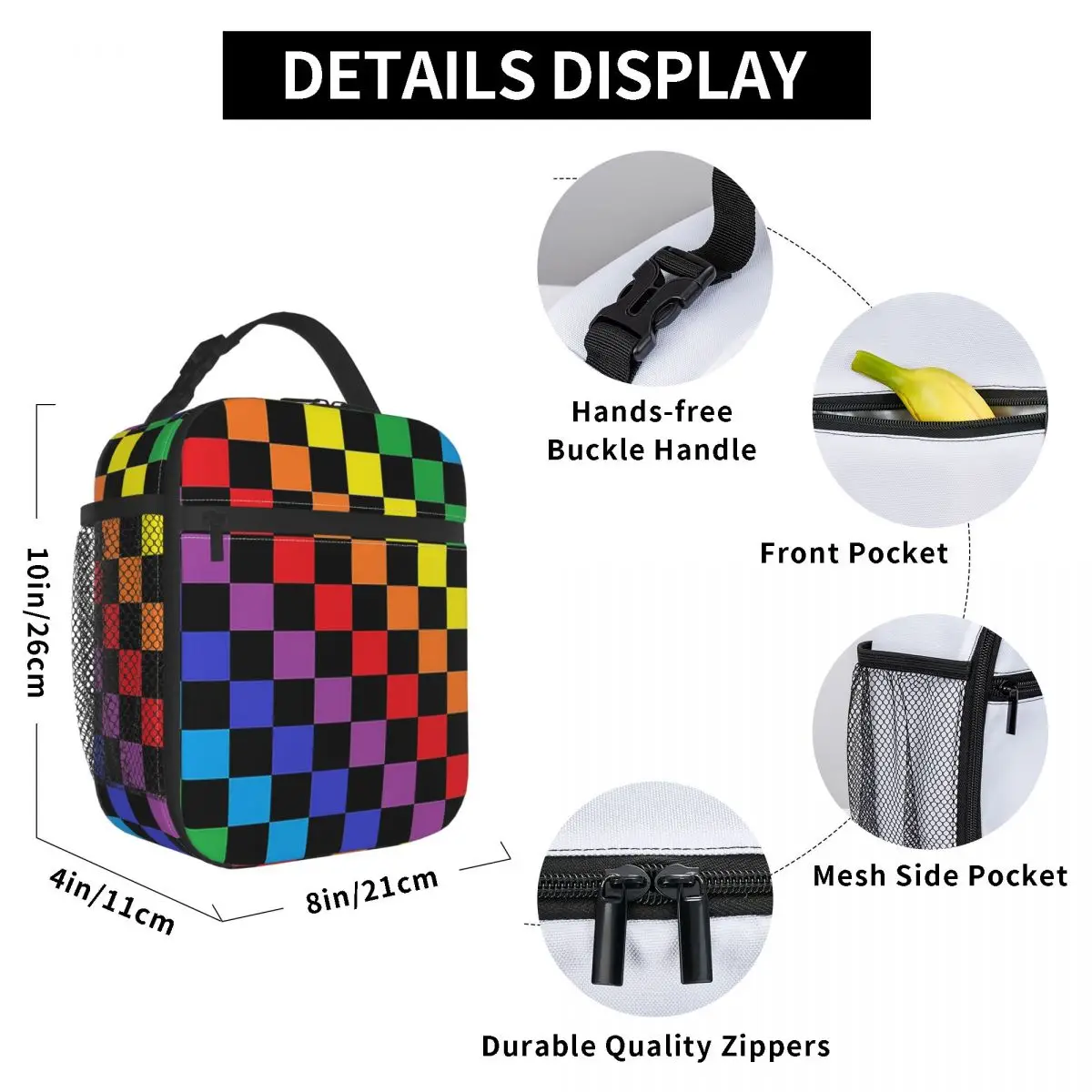 Checkered Rainbow Black Insulated Lunch Bag for Kids School Cooler Thermal Food Box Tote Leakproof Lunch Boxes Container